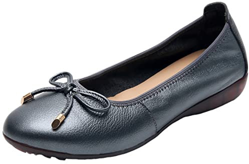 ANUFER Women's Genuine Leather Little Wedge Heel Ballet Flats Lovely Bowknot Soft Slip-on Pumps Dolly Shoes Grey SN070519 UK4