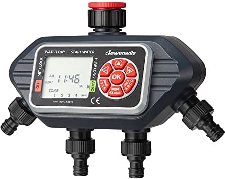 DEWENWILS Programador de Riego 4 Salidas, Control de Riego con 16 Programas Individuales, Modos Manuales, Función de Retraso por Lluvia, Conexión de 3/4 de Pulgada, Reloj de Riego para Jardín, Césped