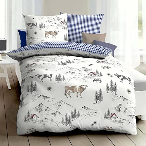 Traumschlaf Biber Bettwäsche Allgäu blau – kuschelige Winterbettwäsche aus 100% Baumwolle – hautsympathisch & wärmend – Landhaus Design mit Reißverschluss – 155x220 cm + 80x80 cm