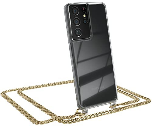EAZY CASE Handykette kompatibel mit Samsung Galaxy S21 Ultra 5G Handyhülle mit Metal Umhängeband und Ersatz Kordel schwarz, Handykordel mit Schutzhülle, Stylische Kette, Metal - Gold