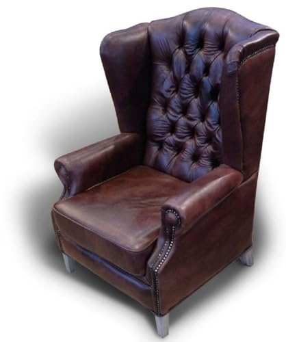 Casa Padrino Luxus Chesterfield Leder Ohrensessel Braun/Grau - Chesterfield Echtleder Wohnzimmer Sessel - Wohnzimmer Möbel - Chesterfield Möbel - Echtleder Möbel - Luxus Möbel