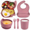 Domueay Vajilla Bebe de Silicona con Plato Ventosa Cuenco Tenedor y Cuchara Vaso Aprendizaje y Babero, 6 Piezas Robusto Elefante Vajilla Infantil Libre BPA, Rosa
