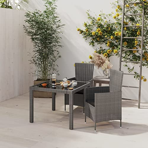Gecheer 3-TLG. Garten Essgruppe Rattan, Sitzgruppe Esstisch mit Glas-Tischplatte & 2 Stühle mit Polster, Gartenmöbel Balkonset Poly Rattan Grau