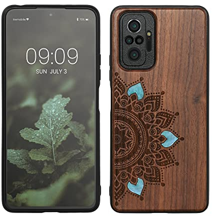 kwmobile Hülle kompatibel mit Xiaomi Redmi Note 10 Pro Hülle - Holz Case - Handy Cover - TPU Handyhülle in Dunkelbraun Aufgehende Sonne Perlmutt