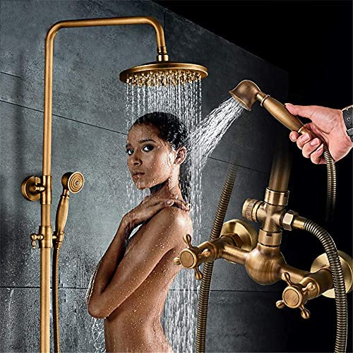 ZEDARO Wasserhahn-Badewannen-Duschsysteme Antik-Messing-Duscharmaturen-Set, Wandmontage, Antik-Messing-Duschset, Dual-Knopf-Mischbatterie, Handbrause-Badewannen-Set