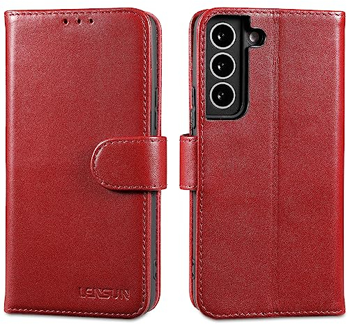 LENSUN Echtleder Hülle für Samsung Galaxy S22, Handyhülle Echt Leder Cover mit [Magnetverschluss] [RFID Schutz] Handytasche Lederhülle für Samsung Galaxy S22 5G - Weinrot