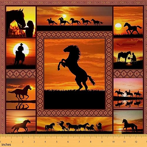 Pferd Stoff durch die Hof,Western Cowboys und Bauernhaus Sonnenuntergang Polsterung Stoff,Pferd Silhouette im Freien Stoff,Wilde Tiere Patchwork Wasserdichtes Gewebe zum Nähen,Gelb,276x150 (HxB)