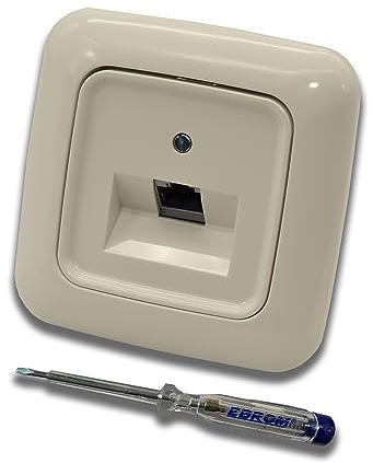 Busch Jäger, Rutenbeck Prise réseau encastrée Ethernet 10 Gigabit/S (10GbE) KAT6A 6A - 1 port RJ45 dans le cadre DURO2000 blanc crème et cache UAE avec testeur de phase EBROM pour le montage de