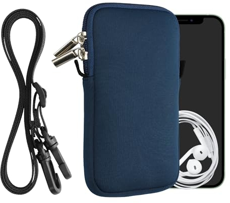 kwmobile Handytasche für Smartphones L - 6,5 - Neopren Handy Hülle Marineblau mit Kordel - Handy Tasche mit Handykette 16,5 x 8,9 cm Innenmaße