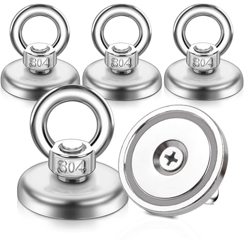 FPMYB 5 Stück Magnete Stark 55kg Neodym Magnete Extra Stark Magnetfischen mit Heberinge und Schrauben, D36 mm Super Starker Angelmagnet mit Loch für Zuhause, Werkstatt, Rasen,Ozean