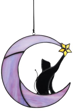6.5'' Stained Glass Window Hanging Suncatcher-Black Cat on Purple Moon | Wall Art Glass Window Panel Sun Catcher,Halloween Decoration,Memorial Gift for Lover Cat Loss Women