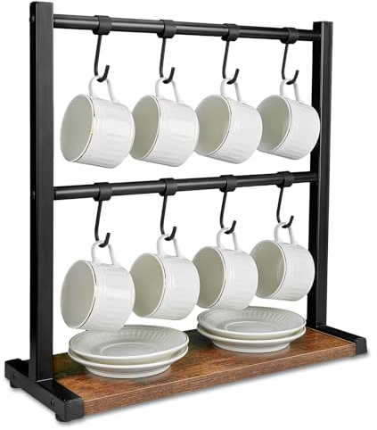 GERAWOO Coffee Mug Holder, Adjustable 2-Tier Cup Tree Stand with 8 Hooks, Premium Metal Mug Rack Shelf Gifts, Cup Storage Organizer for Home Kitchen Bar Counter Display Tea (Rustic Brown)