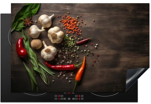 KitchenYeah© Herdabdeckplatte Einteilig Ceranfeld Abdeckplatte für Induktionsschutz Ceranfeldabdeckung Vinyl Herdabdeckplatten Pfeffer - Gewürze - Knoblauch - Holzdruck - Kräuter - 80x52 cm