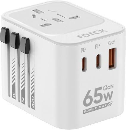 FDTEK 65W Adaptateur Prise Universelle avec 2 Type-C (PD 65W MAX), 1 USB-A (QC 30W MAX) et 1 Prise AC, Adaptateur de Voyage, Adaptateur de Prise International pour USA UK EU Australie Plus de 200 Pays