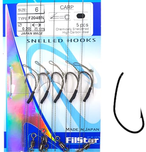 PRO FILSTAR Angelhaken Set mit Vorfach & Wirbel 5 Stück, N6, Flechtschnur 25cm, Dia 0,25mm - Angeln Karpfen Zubehör - Fishing Hook - Boilies & Pellet Haken - Sport Set - Fishing Rig – Vorfachschnur