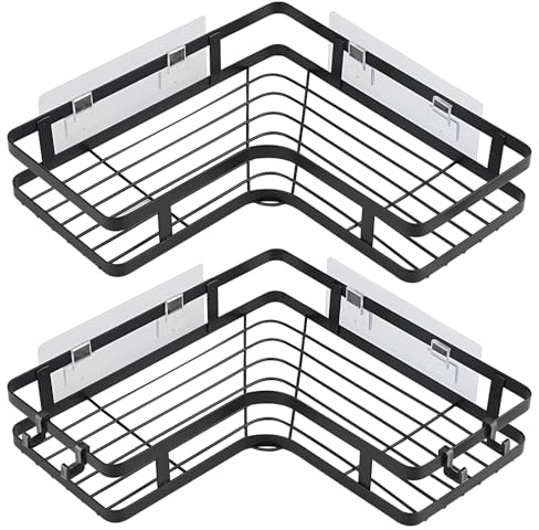 Salubohum 2 Stücke Duschablage Ecke, Duschablage Ohne Bohren, Selbstklebender Eckregal Badezimmer Organizer, mit 4 Klebepads und 4 Haken, geeignet für Bad, Küche und Balkon (Schwarz)