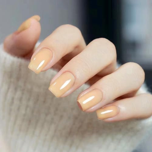 HaoTrade 24Pcs Square False Nails Short, French Tip Fake Nails, Glossy Nake Yellow False Nails, Square Acrylic Full Cover Glue on Nails, Almond Press on Nails with Glue Stickers, Women Girls Nail Art