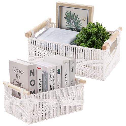Set of 2 Woven Wicker Storage Basket with Handles, Storage Box, Towel Baskets, Shelf Basket Organizer, for Kitchen, Office, Living Room and Bedroom, White