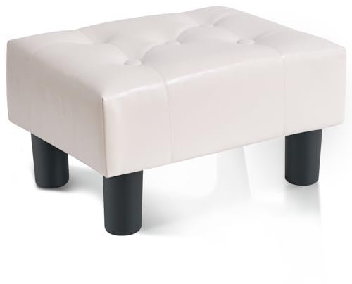 BRIAN & DANY Small Foot Stool, Faux Leather Footstool with Legs, Footstools for Living Room, Ottoman Footrest Extra Seating for Entryway, White