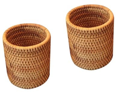 Lurrose 2pcs Cylindrical Style Tea Set Storage Container Rattan Woven Tea Set Basket Desk Pen Pots Bin Chic