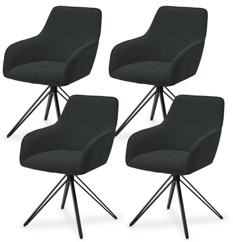Juskys Drehstuhl Clyde mit Armlehne 4er Set - Esszimmerstuhl modern mit Stoff Bezug - Polsterstuhl Esszimmer - 120 kg belastbar - Stuhl Cord Dunkelgrau