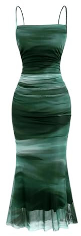 GORGLITTER Women's Tie Dye Ruched Fishtail Maxi Dress Ombre Mesh Party Ruffle Cami Dresses Green S