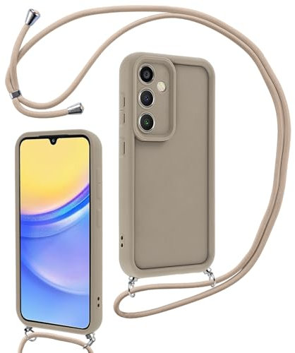 Coalbooliy Coque pour Samsung Galaxy A55 5G 6,5 avec Cordon de Collier Réglable, Etui Protection de la Caméra Silicone Souple TPU Antichoc Housse avec Corde Lanyard Cover pour Femmes Filles, Kaki