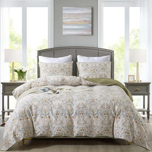 Covebett Bettwäsche Baumwolle 155x220 Boho Beige Grün Blumen Vintage Paisley Geblümt Muster Bettbezug Set Bohemian Mandala Botanisch Blumenmuster Deckenbezug Reißverschluss und Kissenbezug 80x80cm