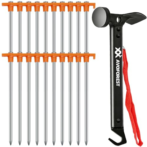 20 Pcs Tent Stakes with Camping Hammers,Avoforest 7.1 Inch Non-Rust Metal Tent Pegs + Portable Tent Stakes Hammers Ground Stakes and Tent Accessories Camping with Storage Bag,Garden,Hiking