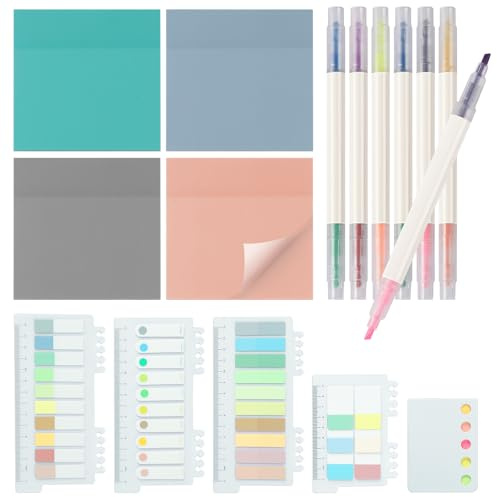 MirraSwit 1040 Blätter Transparente Haftnotizen with 6 Textmarker, Durchsichtige Transparent Sticky Notes, Wasserfest Farbige Haftnotizen für Lesezeichen,Studieren,Büro,Schulplaner Memo