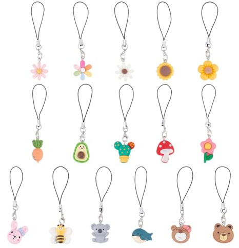 HOBBIESAY 16 Styles Mignon Résine Téléphone Breloques Sangle 8.5-9cm Ours Lapin Koala Champignon Abeille Fleur Téléphone Breloques Kawaii Animal Fleur Téléphone Pendentifs pour Porte Clés Décoration