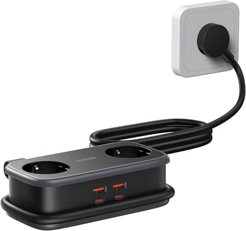 NTONPOWER 2 Fach Steckdosenleiste mit USB-C 65W PD, Flachstecker Mehrfachsteckdose USB Schnellladen für Reisen, Zuhause, Büro, 2500 Watt Verteilersteckdose 1,5 Meter, Schwarz