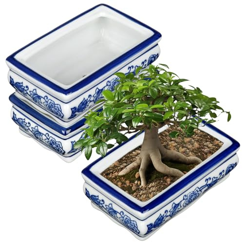 Hollyone Set of 2 Ceramic Plant Pot 13CM, Blue and White Porcelain Flower Pot for Home Decor Indoor Chinoiserie Planter with Drainage Hole for Living Room Shelf Dining Table Bedroom Kitchen