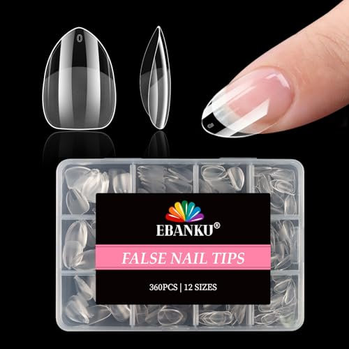 360PCS Extra Short Almond Nail Tips, EBANKU Pre-shape Half Matte Clear Press on Nails Acrylic Full Cover False Nail Extension Clear Gelly Fake Nails for Women Girls Manicure Salon DIY, 12 Sizes