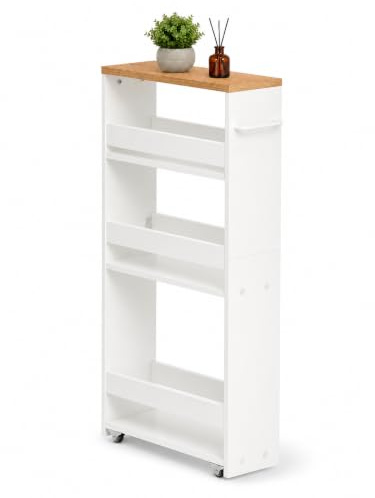 Amveya Standregal schmal mit Rollen 1 Stück Weiß 40 x 14 x 80 cm Regal | Schmales Standregal mit 3 Ebenen nutzt kleine Nischen optimal und schafft praktischen Stauraum für Bad Küche Haushalt