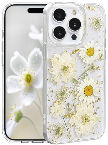 Efitoo for iPhone 14 Pro Case Clear Glitter with Flowers Design Real Dried Pressed Flower/Floral Gold Sparkle Cute Soft Slim Aesthetic Shockproof Protective Girly Women Girls Phone Cover (White)