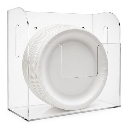 Kaxtde Acrylic Paper Plate Dispenser, 25cm Clear Plate Holder Organiser for Kitchen Worktop & Cupboard, Wall Mounted Storage Rack for Caravan, Campervan, Party & Garden BBQ (28x26x12 cm)
