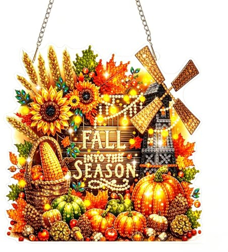 Bowetile Halloween Diamond Painting Anhänger Sonnenblumen, Herbst Diamond Painting Fensterbilder für Erwachsene,Kinder Hängende Ornament Herbst Motive Bastelset für Wand Fenster Garten, Decor Geschenk