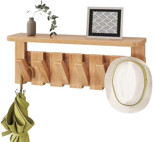 YMYNY Massivholz-Klavier-Wandgarderobe mit Ablage, Natur HWS008N | Garderobenleiste Holz mit Ablage, 6 versenkbaren Haken - für Wandmontage. Garderobenhaken & Garderobe Wand für Flur & Diele