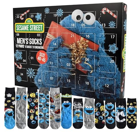 United Labels Sesamstraße Adventskalender mit 12 Paar Socken für Herren, Größe 40-45, Kalender mit Sneaker und langen Socken, Weihnachtskalender Geschenk