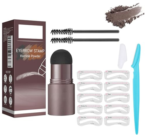 Augenbrauenstempel Wasserdicht, 1 Step Brow Stamp Shaping Kit, 10 Augenbrauen Schablonen Stempel, Wiederverwendbares Makeup Brow Stamp Brauenpuder Schablonen, (Dunkelbraun)