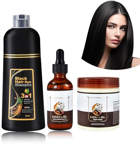 Schwarz Haarfärbemittel, 500ml Haarfärbeshampoo + 50ml Batanaöl Haarkur + 300g Haarmaske, Anti-Grau-Shampoo, Unisex Haarpflegeset