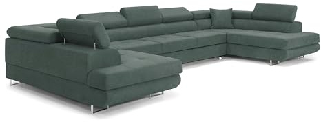 Ecksofa mit Schlaffunktion BIG PASTI U-Form, Sofa Couch mit Bettkasten, 3-Sitzer Eckcouch, Schlafsofa für Wohnzimmer, Big Sofa Couch mit Schlaffunktion (Pet Friendly Edition Salbeigrün)