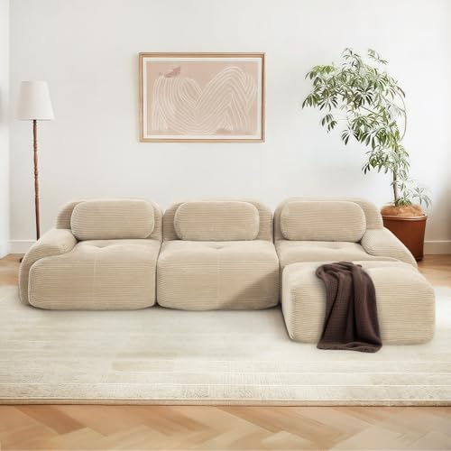 SoarFlash Canapé Moderne modulable, Tissu côtelé, Assise Profonde + accoudoirs Larges, sans Assemblage, 3 Places en L, Beige