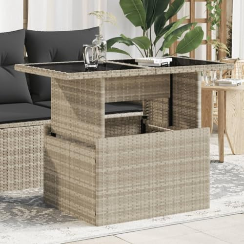 Owoxanthellate Gartentisch klappbar und höhenverstellbar 100x55x73 cm aus PE-Rattan mit Glasplatte Hellgrau für Balkon Terrasse Camping Modernes Design