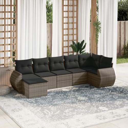 Owoxanthellate Gartensofa Set 7-Teilig Kleine Sitzgruppe Grau Poly Rattan Ecksofa Mittelsofa Hocker wetterfest platzsparend für Balkon Terrasse Wintergarten