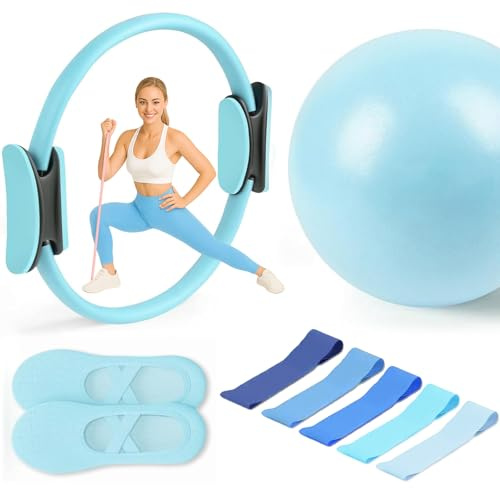 8-teiliges Pilates Set für Zuhause: Pilates Ring 38 cm, Gymnastikball 25 cm, 5 Widerstandsbänder & Anti-Rutsch Socken – Kompaktes Fitness Zubehör für effektives Heimtraining