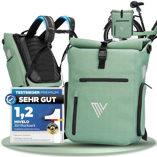 MIVELO 3in1 Fahrradtasche für Gepäckträger I Rucksack & Gepäckträgertasche hinten - in 15 Sekunden umgebaut I Fahrradrucksack 100% wasserdicht I Tasche Fahrrad (Mint-Reflektierend, EVO 25L)