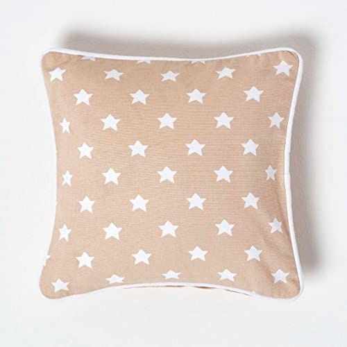 HOMESCAPES - 100% Cotton - Star - Cushion Cover - 30 x 30 cm Square - 12 x 12 Inches - Beige White - 100% Cotton Sofa Pillow Cushion Cover - Washable