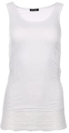 Easy Young Fashion - Damen Trägertop mit Spitzensaum - langes Unterziehshirt Skinny Fit 0518 (Weiß M/L)